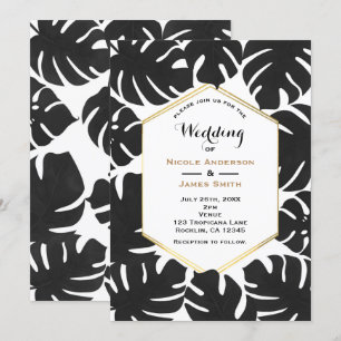 Invitation Feuille Tropical Noir Blanc & Mariage Chic Or