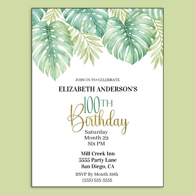 Invitation Feuille Tropicale Aquarelle 100e Anniversaire (Watercolor Tropical Leaves 100th Birthday Invitation For Women.)
