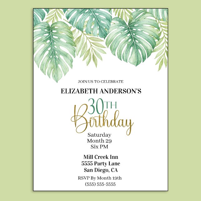 Invitation Feuille tropicale aquarelle 30e anniversaire (Watercolor Tropical Leaves 30th Birthday Invitation.)