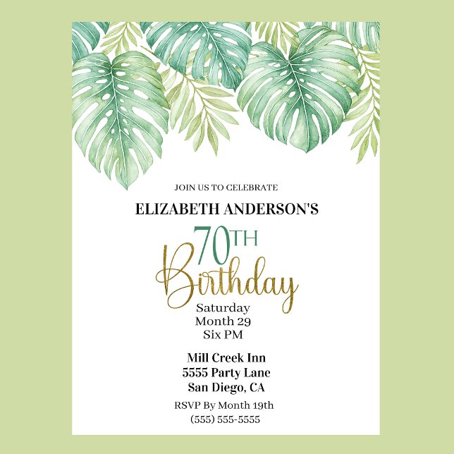 Invitation Feuille Tropicale Aquarelle 70e Anniversaire (Watercolor Tropical Leaves 70th Birthday Invitation For Women.)