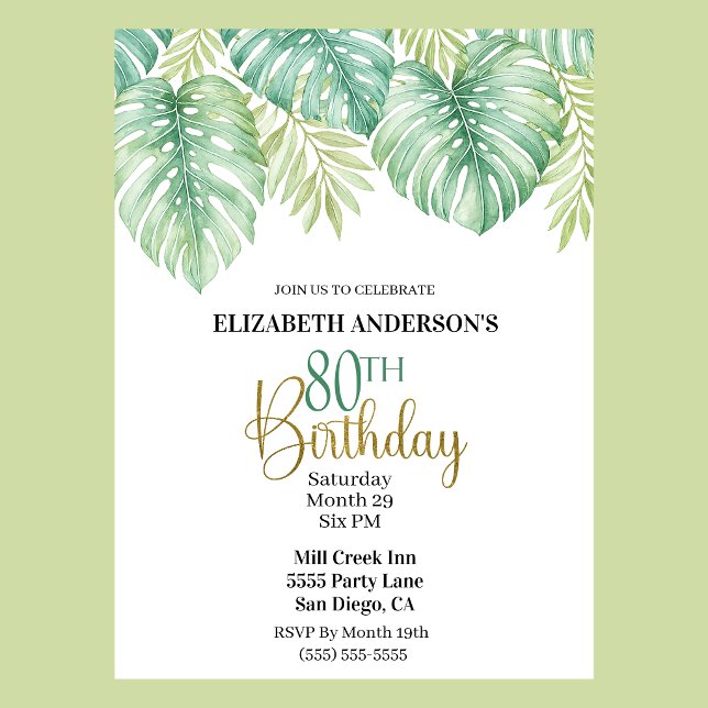 Invitation Feuille tropicale aquarelle 80e anniversaire (Watercolor Tropical Leaves 80th Birthday Invitation For Women.)