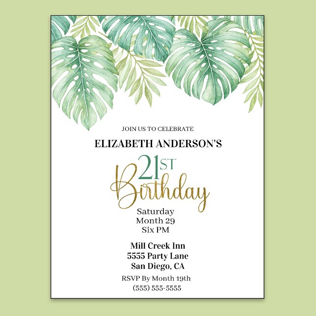 Invitation Feuille tropicale aquarelle pour 21e anniversaire (Watercolor Tropical Leaves 21st Birthday Invitation For Women.)