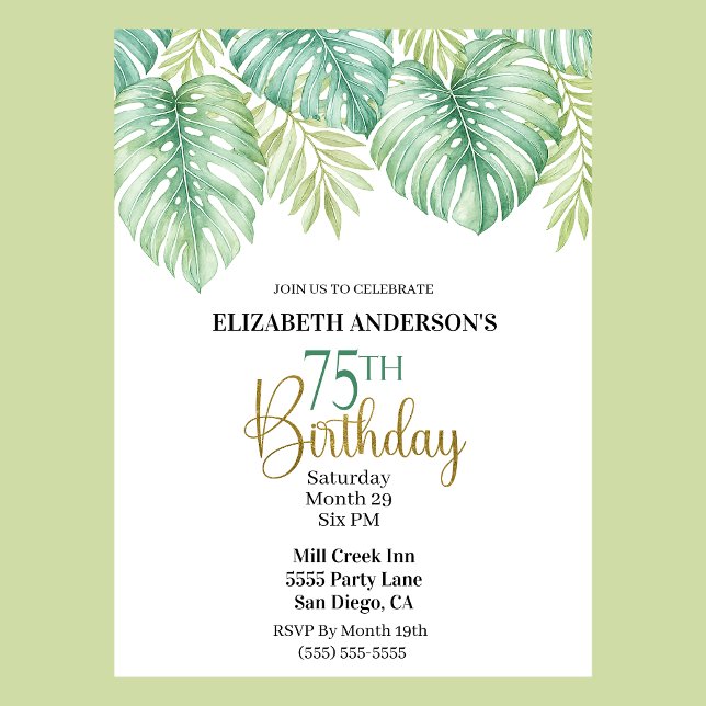 Invitation Feuille tropicale aquarelle pour 75e anniversaire (Watercolor Tropical Leaves 75th Birthday Invitation For Women.)