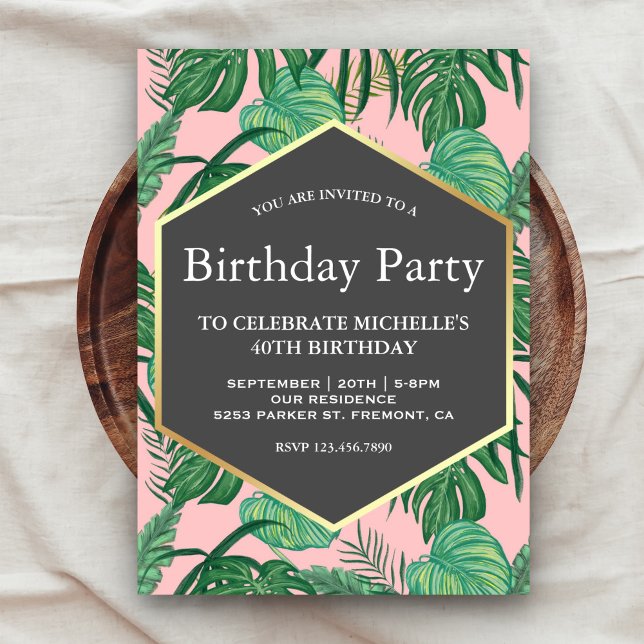 Invitation Feuille Tropicale en Or Feuilleté Fête d'Anniversa (Créateur téléchargé)