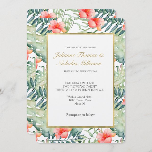 Invitation Feuille tropicale Hibiscus Floral Aquarelle Mariag (Devant / Derrière)