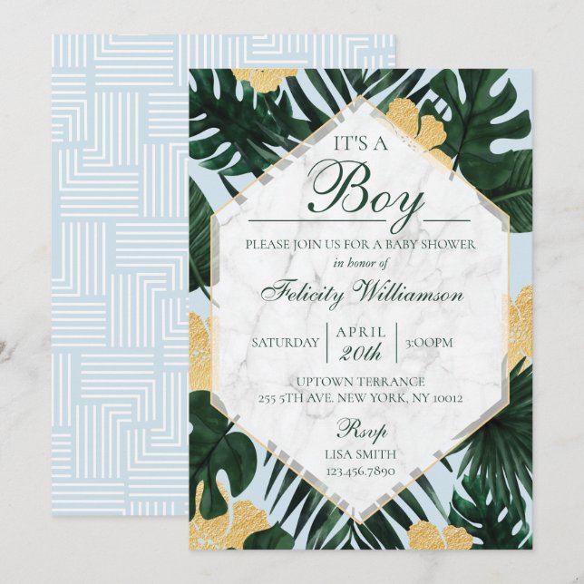 Invitation Feuille tropicale Marbre bleu Baby shower Invitati (Devant / Derrière)