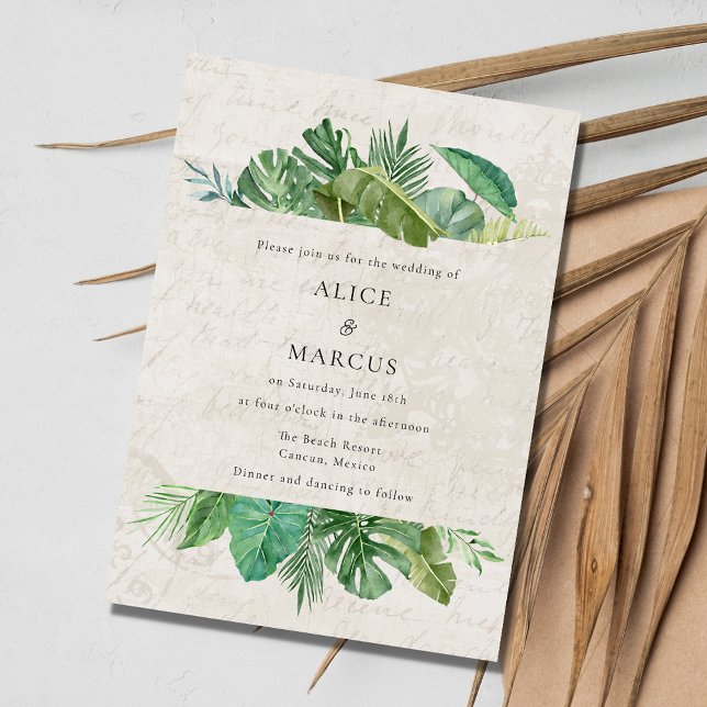 Invitation Feuille tropicale Papier vieilli Plage Destination (Tropical Leaf Aged Paper Beach Destination Wedding Invitation)