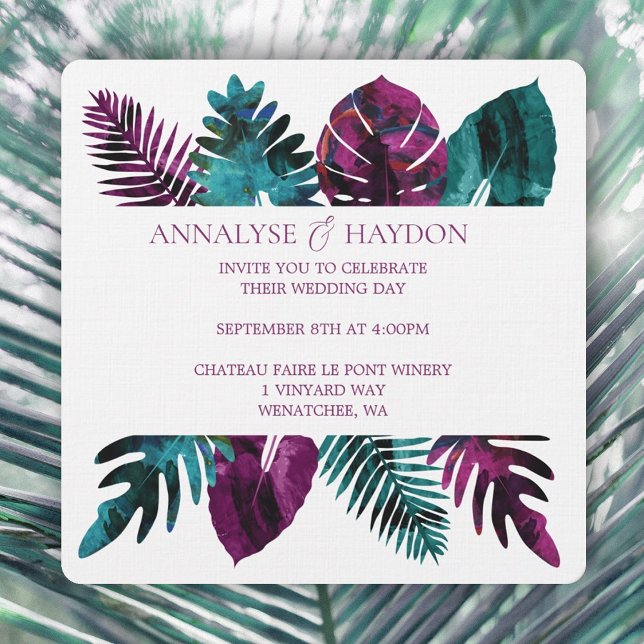 Invitation Feuille tropicale, Turquoise, Mariage rose Berry s (tropical teal, wild berry pink island leaves wedding invitations, monstera, ferns, palm leaves)