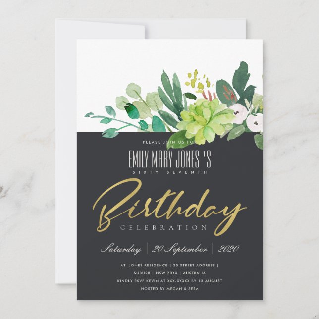 INVITATION FEUILLE VERT AQUARELLE NOIR ANNIVERSAIRE TOUT ÂGE (Devant)