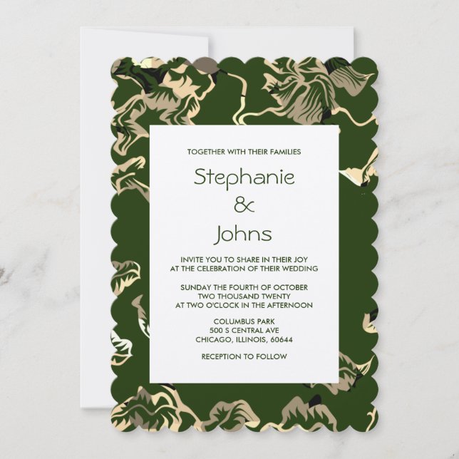 Invitation Feuille  vert foncé Motif argent Mariage (Devant)