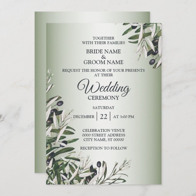 Invitation Feuille vert Olive noir Elégant mariage (Devant / Derrière)