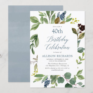 Invitation feuille vert verdoyant anniversaire floral bleu po