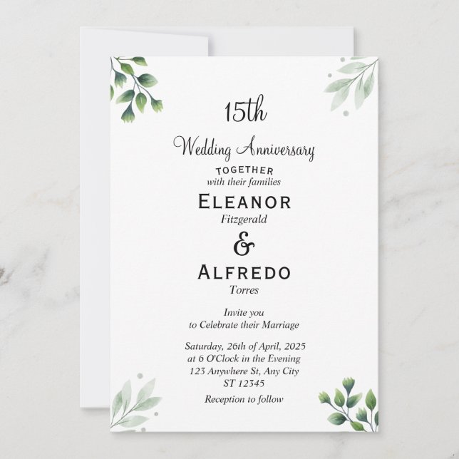 Invitation 'Feuille Verte' 15e Anniversaire de Mariage Standa (Devant)