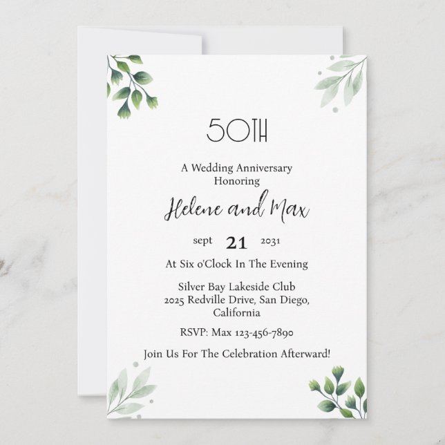 Invitation 'Feuille Verte' 50e anniversaire de mariage standa (Devant)