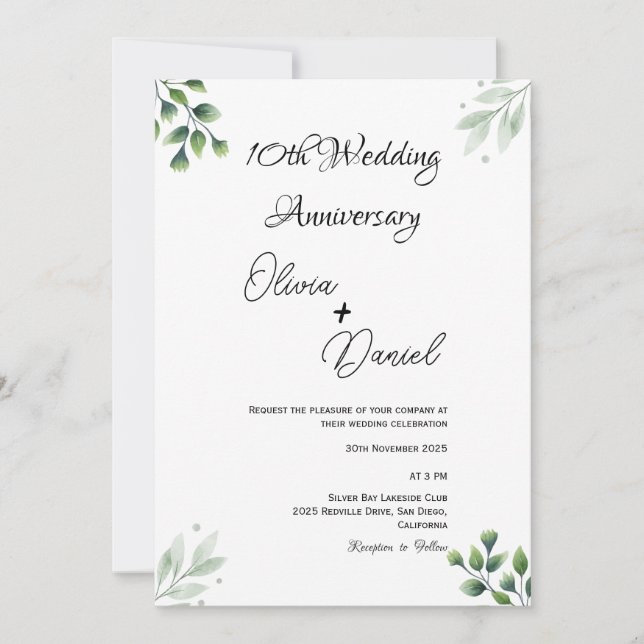Invitation Feuille Verte' Standard 10e Anniversaire de Mariag (Devant)
