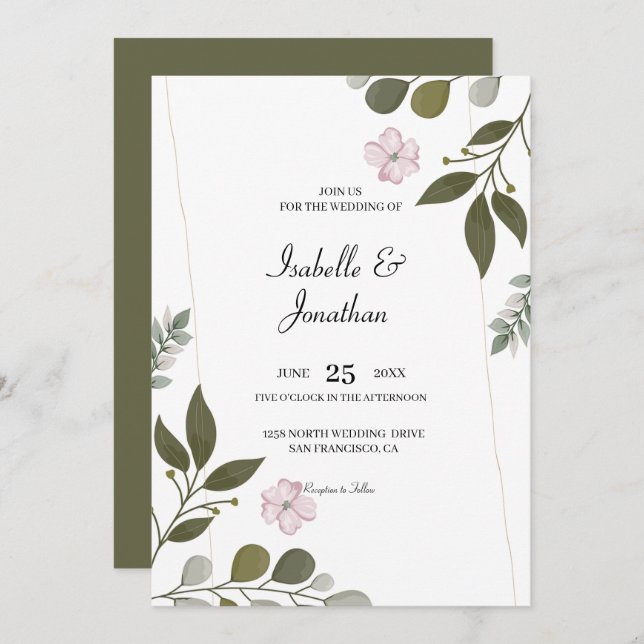 Invitation Feuilles Aquarelle Et Mariage Fleurs (Devant / Derrière)