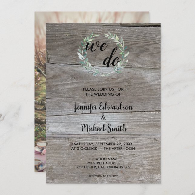 Invitation Feuilles aquarelle sur bois Nous faisons Mariage p (Devant / Derrière)