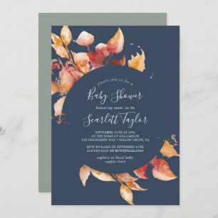 Invitation Feuilles automnales   Baby shower bleu marine et b