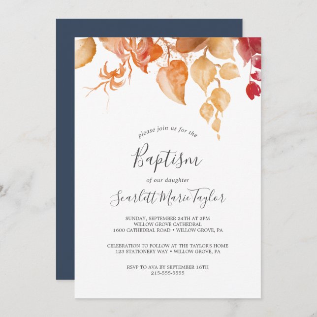 Invitation Feuilles automnales | Baptême blanc et bordeaux (Devant / Derrière)