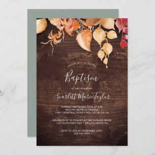 Invitation Feuilles automnales Baptême de bois Brown rustiq