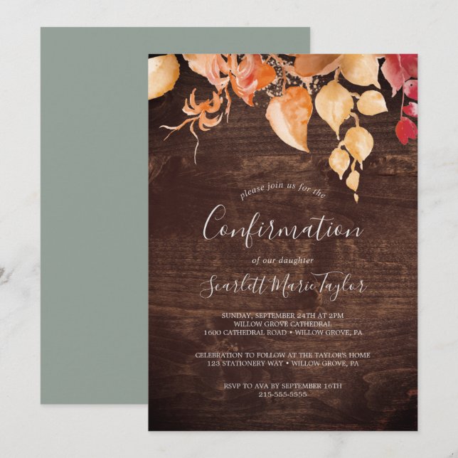 Invitation Feuilles automnales | Confirmation de bois Brown r (Devant / Derrière)