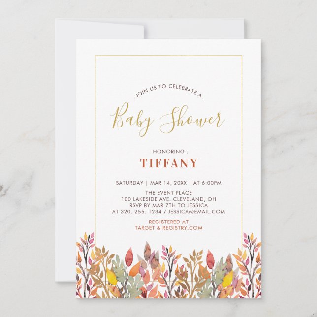 Invitation Feuilles automnales et Baby shower or / Saupoudrer (Devant)