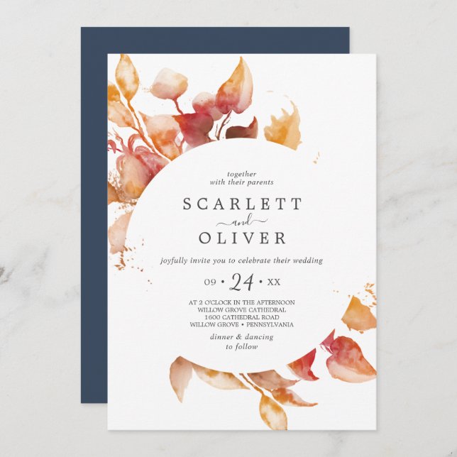 Invitation Feuilles automnales | Mariage Décontracté blanc et (Devant / Derrière)