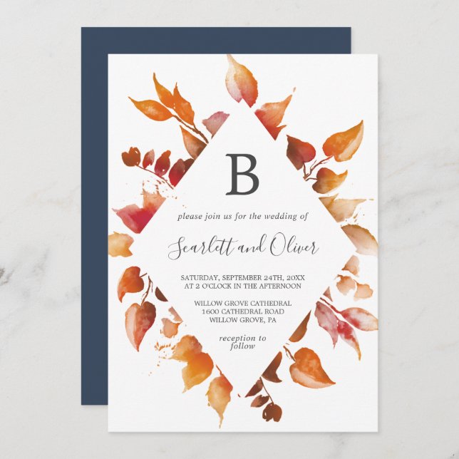 Invitation Feuilles automnales | Mariage diamant blanc et bor (Devant / Derrière)