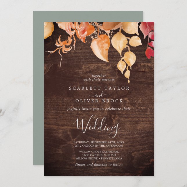 Invitation Feuilles automnales | Mariage en bois Brown rustiq (Devant / Derrière)