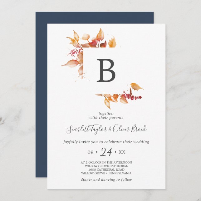 Invitation Feuilles automnales | Mariage Monogramme blanc et  (Devant / Derrière)
