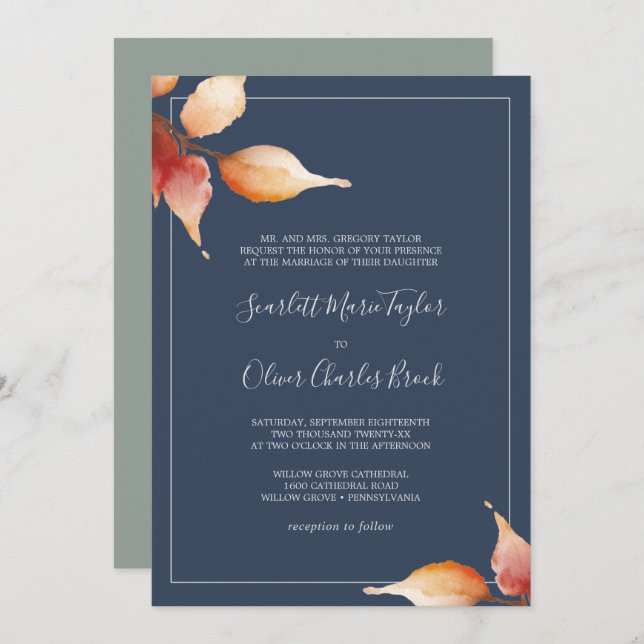 Invitation Feuilles automnales | Mariage officiel de la Marin (Devant / Derrière)