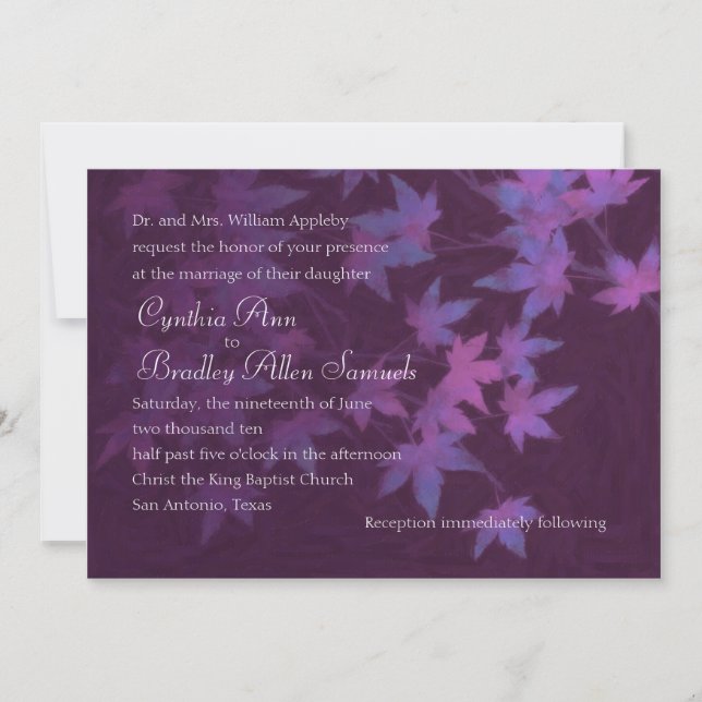 Invitation Feuilles automnales mariages en violet et rose (Devant)
