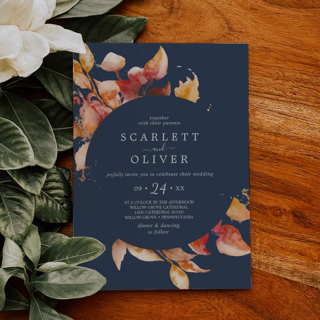 Invitation Feuilles automnales | Navy Blue & Burgundy Mariage (Créateur téléchargé)