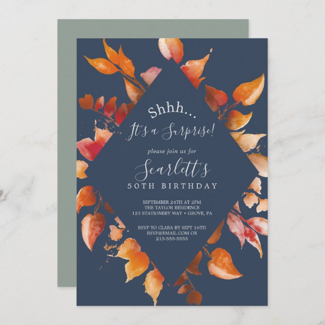Invitation Feuilles automnales | Navy Blue & Burgundy Surpris (Devant / Derrière)