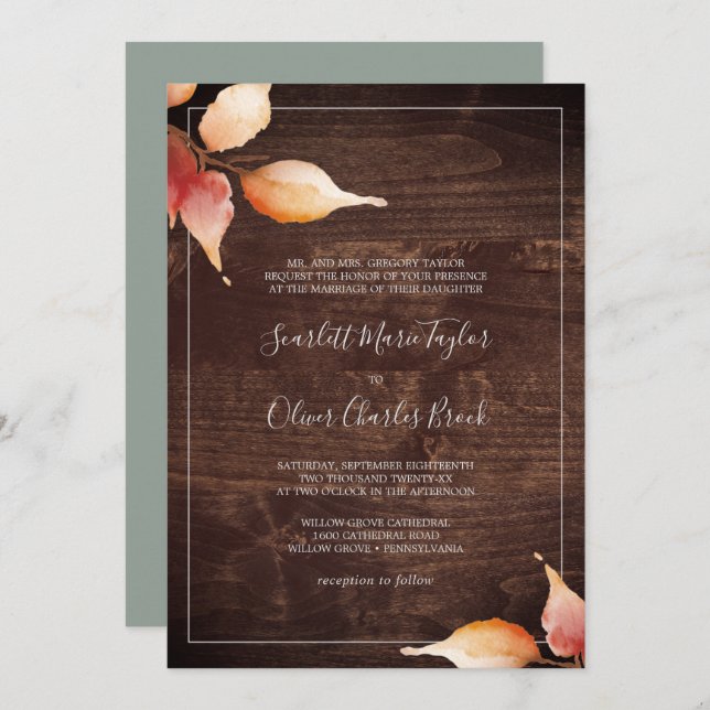 Invitation Feuilles automnales | Rustique Brown bois Mariage  (Devant / Derrière)