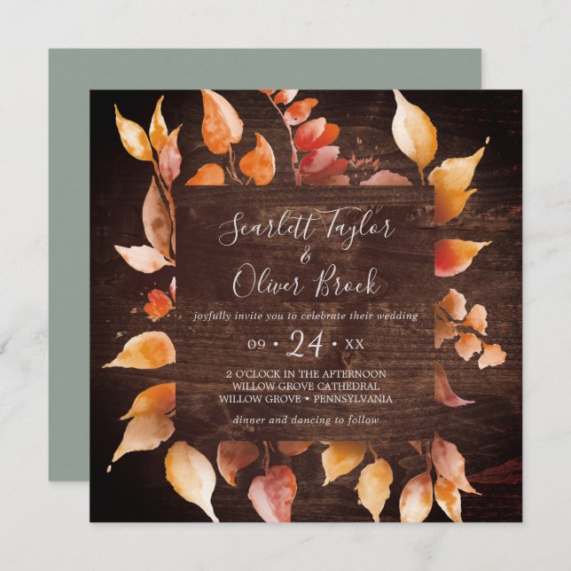 Invitation Feuilles automnales | Rustique Brown Carré Mariage (Devant / Derrière)