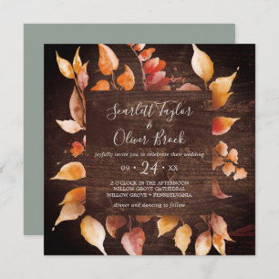 Invitation Feuilles automnales   Rustique Brown Carré Mariage
