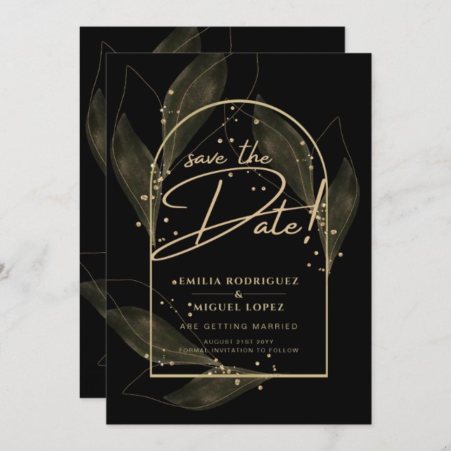 Invitation Feuilles Black Gold Moderne Mariage Enregistrer La (Devant / Derrière)