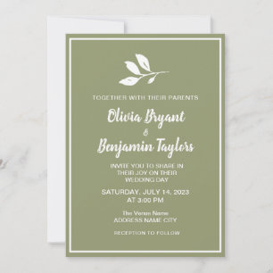 Invitation Feuilles blancs simples. Mariage formel vert pouss