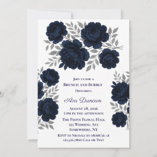 Invitation Feuilles bleu marine et argent Brunch et Bubbly