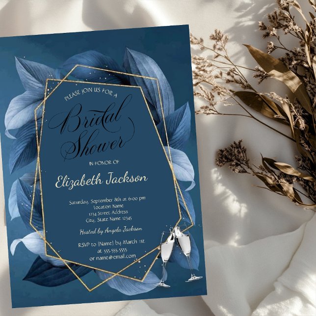Invitation Feuilles bleues cadre doré verre douche de mariage (Créateur téléchargé)