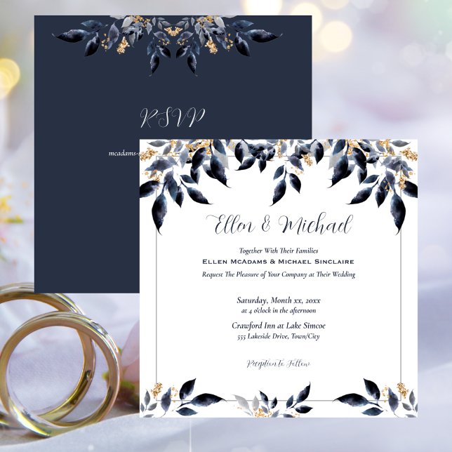 Invitation Feuilles bleus avec Mariage or (Blue Leaves with Gold Wedding Invitation)