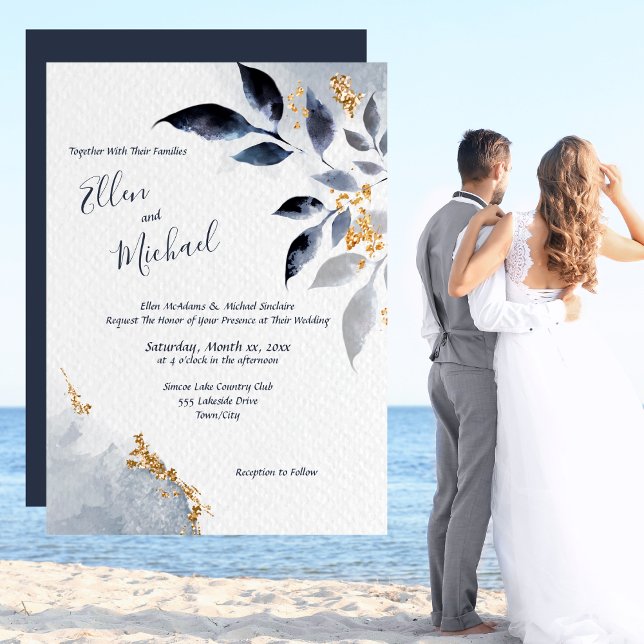 Invitation Feuilles bleus avec Mariage or (Blue Leaves with Gold Wedding Invitation)