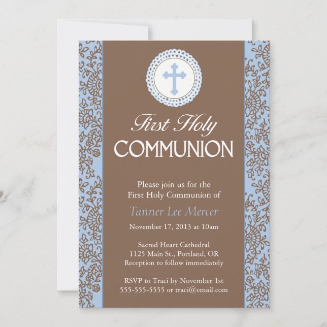 Invitation Feuilles bleus communion (Devant)