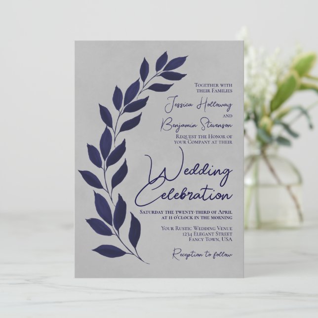 Invitation Feuilles bleus de la marine moderne sur Mariage gr (Debout devant)