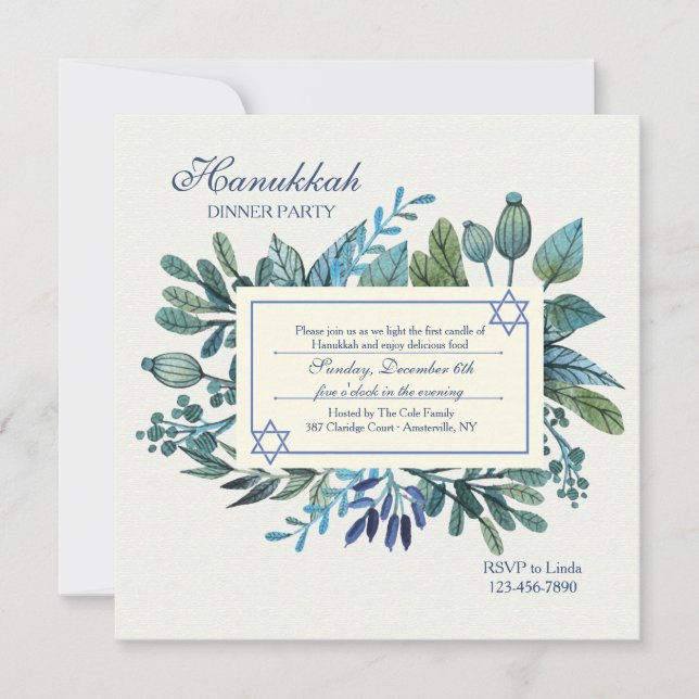 Invitation Feuilles bleus et Berries Hanoukka Party (Devant)