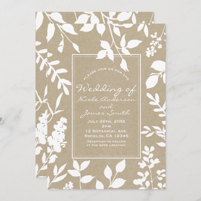 Invitation Feuilles botaniques blancs Mariage rustique simple (Devant / Derrière)