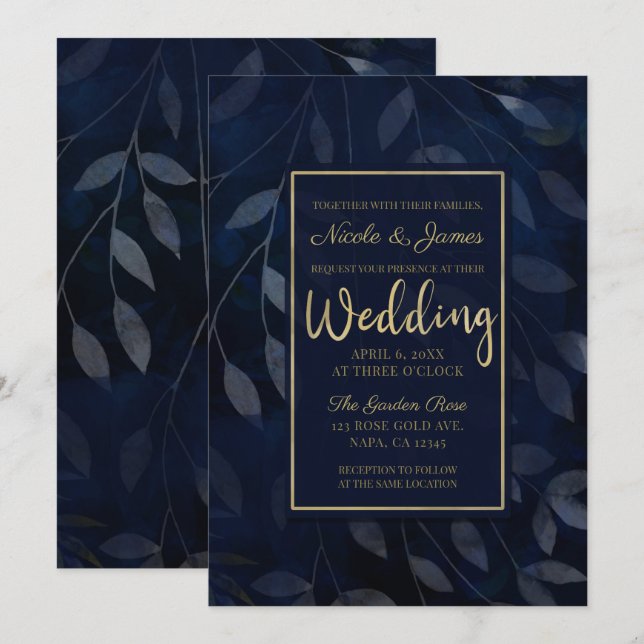 Invitation Feuilles botaniques bleu foncé Mariage chic modern (Devant / Derrière)