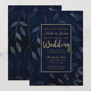 Invitation Feuilles botaniques bleu foncé mariage chic modern