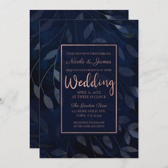 Invitation Feuilles botaniques bleu foncé Mariage rose modern (Devant / Derrière)